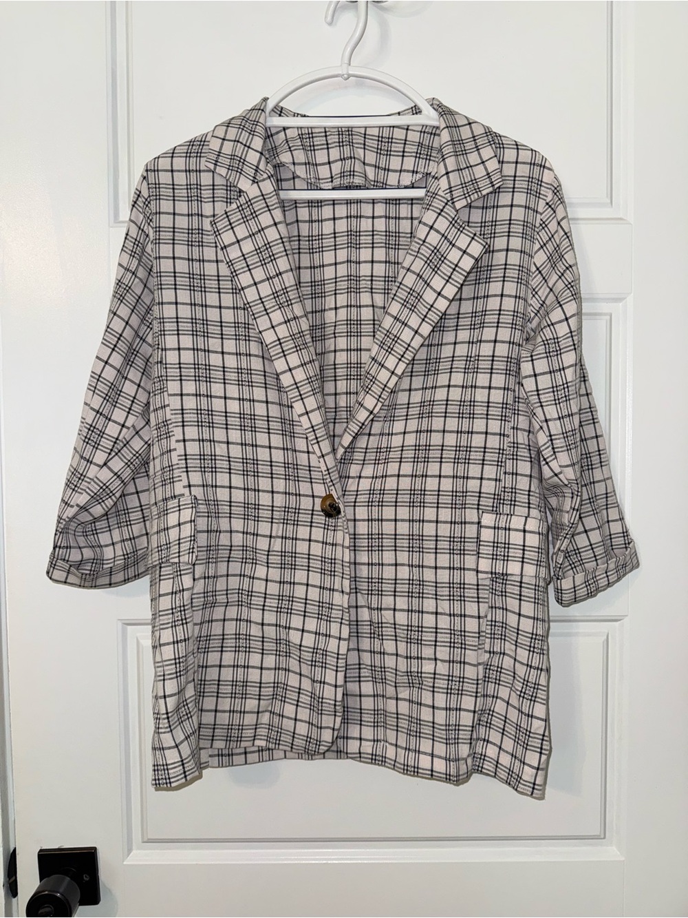 Checked Single-Button Women’s Blazer Jacket - Black & White